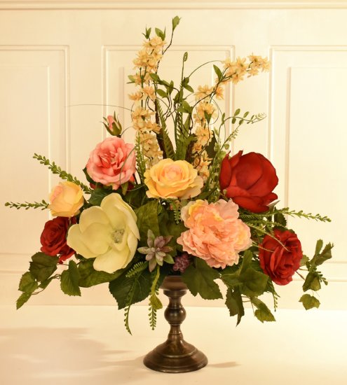 (image for) Garden Rose, Peony and Magnolia Grande Silk Flower Arrangement in Bronze Pedestal Stand AR442 TEXT_CLOSE_WINDOW