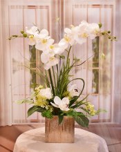 (image for) White Silk Orchids in Brushed Gold Vase O205