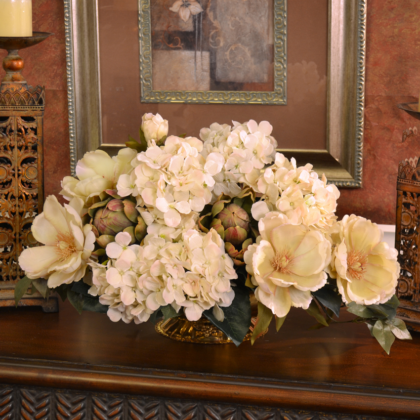 Garnet Peony and Hydrangea Silk Floral Centerpiece Fresh Cut tulips