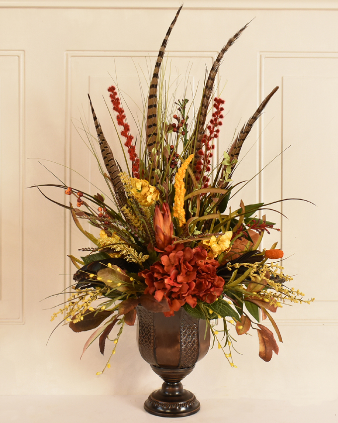 Silk Floral Centerpiece with Calla Lillies, Peonies, Orchid & Feathers ...