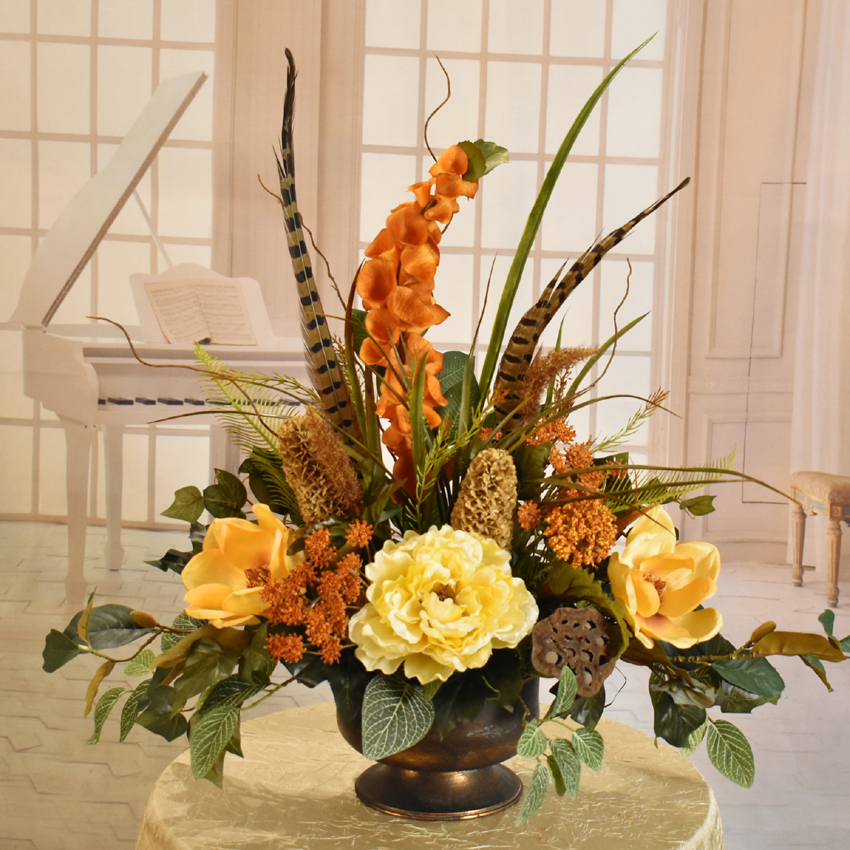 (image for) Peony and Magnolia Silk Centerpiece with Feathers TEXT_CLOSE_WINDOW