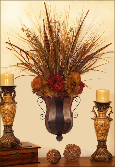 Pheasant Feathers & Hydrangea Floral Design AR215-100 Silk ... on Silk Floral Wall Arrangements id=40180